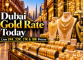 Dubai gold rate today illustration featuring Dubai Gold Souk and live 24K, 22K, 21K and 18K gold price information