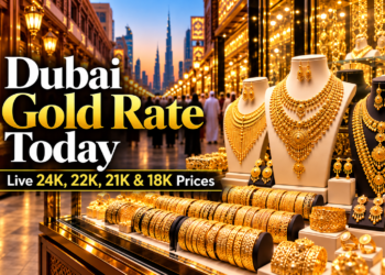 Dubai gold rate today illustration featuring Dubai Gold Souk and live 24K, 22K, 21K and 18K gold price information