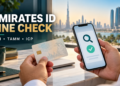 Emirates ID fine check guide covering MOI, TAMM and ICP, illustrated with a phone and sample card