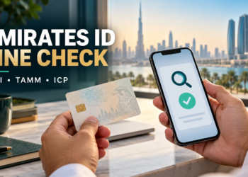 Emirates ID fine check guide covering MOI, TAMM and ICP, illustrated with a phone and sample card