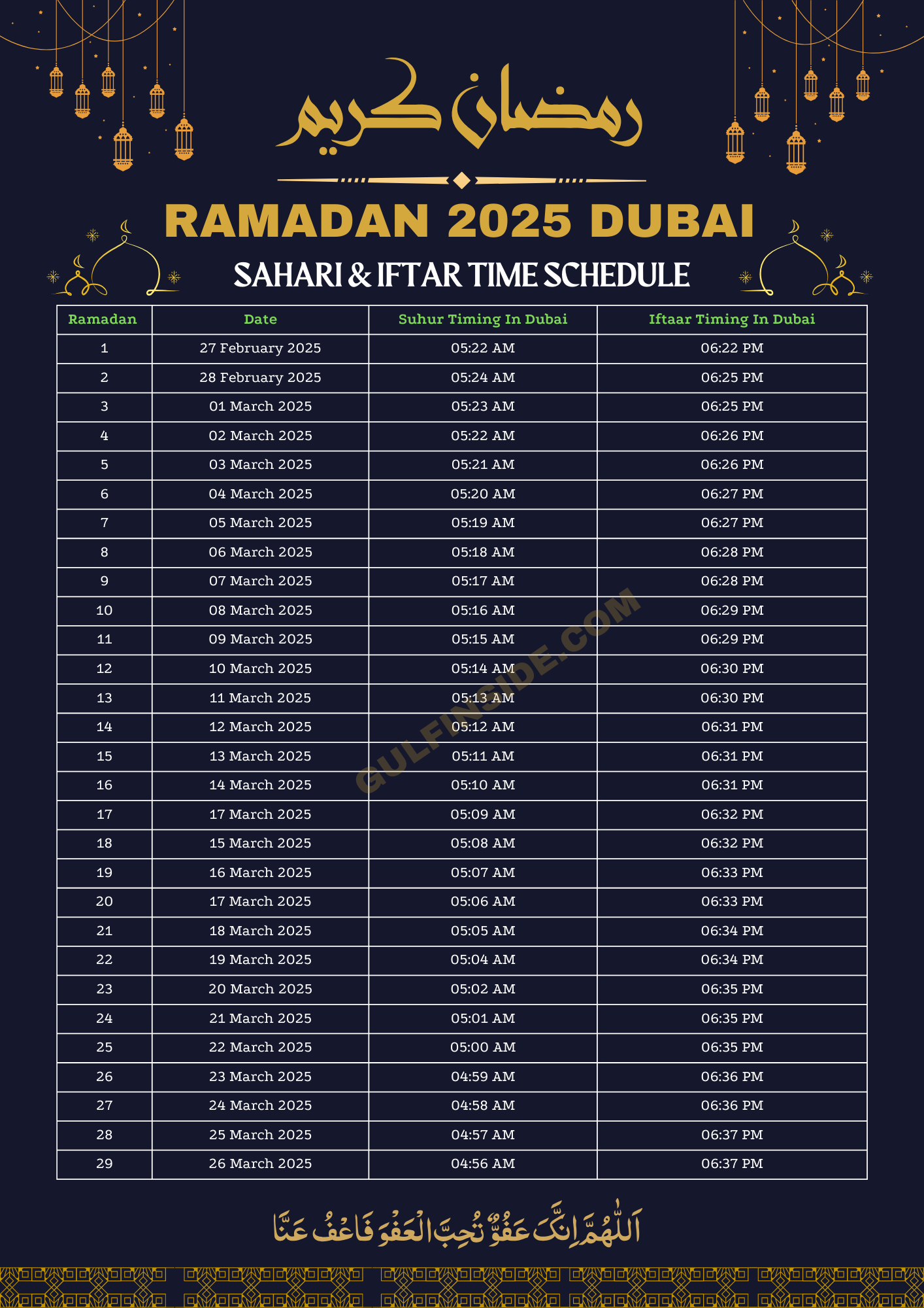 Ramadan 2025 Calendar Dubai, United Arab Emirates Suhur & Iftar Timings 