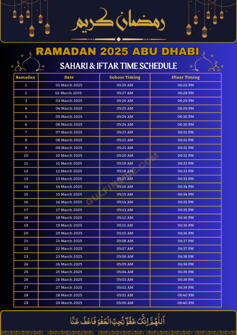 Ramadan 2025 Calendar Abu Dhabi United Arab Emirates Sehri & Iftar