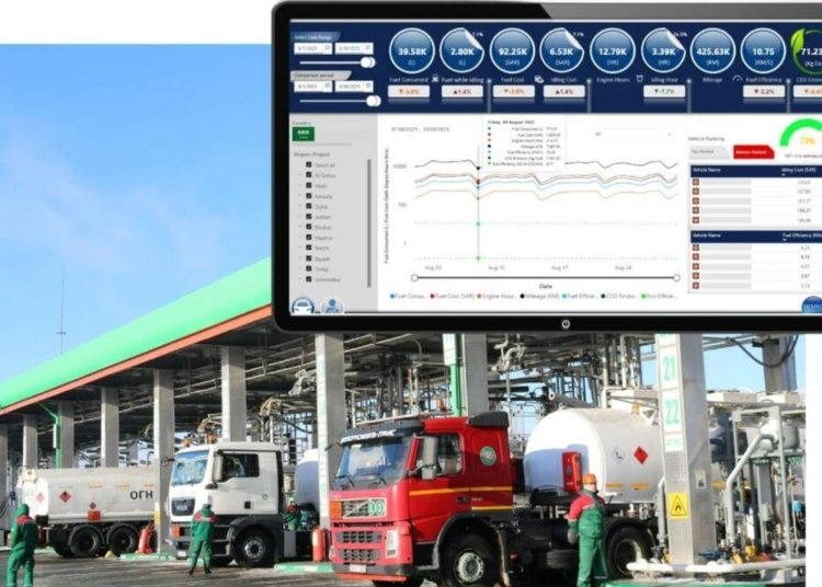 A Sicuro Technology fleet management dashboard displaying fuel efficiency, mileage, driver behavior scores, and real-time vehicle analytics over an industrial fuel terminal.