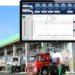 A Sicuro Technology fleet management dashboard displaying fuel efficiency, mileage, driver behavior scores, and real-time vehicle analytics over an industrial fuel terminal.