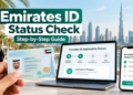 Emirates ID status check online UAE guide showing an illustrated Emirates ID card, laptop application tracking and mobile status screen. Copy