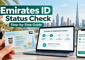 Emirates ID status check online UAE guide showing an illustrated Emirates ID card, laptop application tracking and mobile status screen. Copy