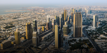 Aerial view of Dubai high-rises and the Sheikh Zayed Road corridor