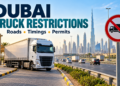 Illustration of a freight truck beside a Dubai highway with a truck restriction symbol for the road and timing guide.