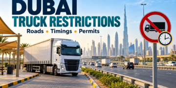 Illustration of a freight truck beside a Dubai highway with a truck restriction symbol for the road and timing guide.