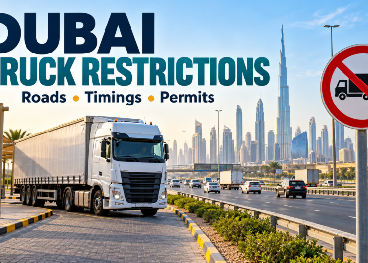 Illustration of a freight truck beside a Dubai highway with a truck restriction symbol for the road and timing guide.