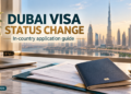 Illustration of a passport and application documents overlooking Dubai for an in-country visa status change guide.