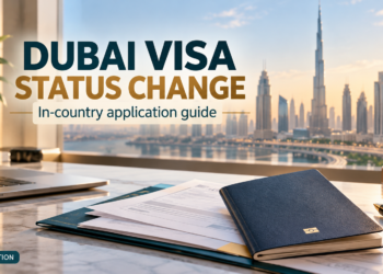 Illustration of a passport and application documents overlooking Dubai for an in-country visa status change guide.