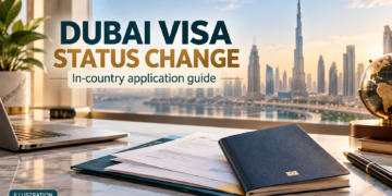 Illustration of a passport and application documents overlooking Dubai for an in-country visa status change guide.