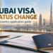 Illustration of a passport and application documents overlooking Dubai for an in-country visa status change guide.