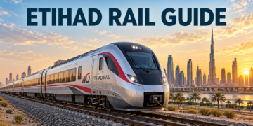 Illustration of an Etihad Rail passenger train on tracks with Dubai’s skyline behind it and the text Etihad Rail Guide.