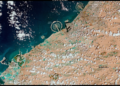 Archive Copernicus satellite image showing flooded areas south of Dubai in April 2024