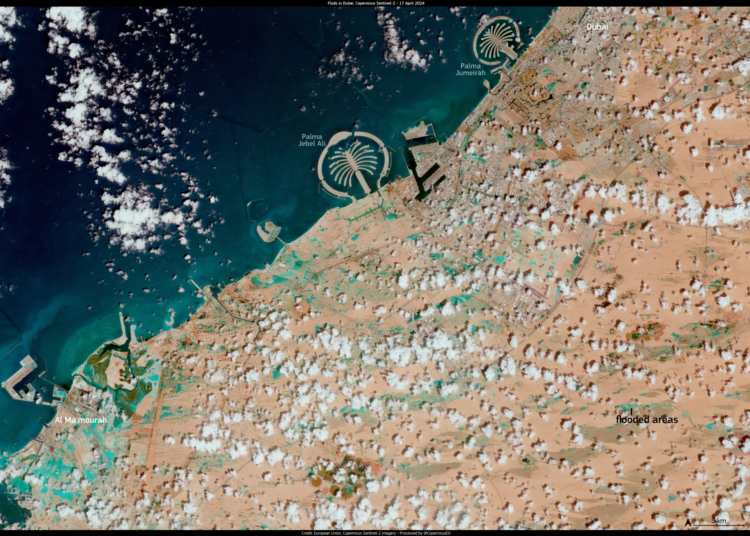Archive Copernicus satellite image showing flooded areas south of Dubai in April 2024