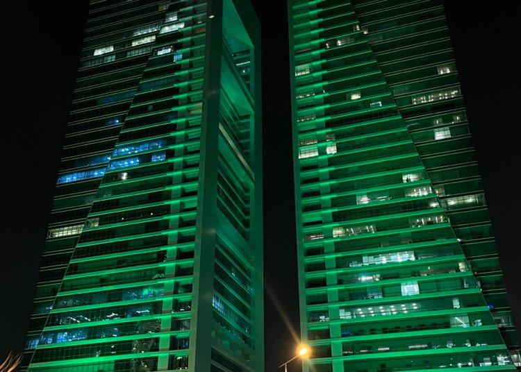 Actual Olaya Towers in Riyadh illuminated green for Saudi National Day in September 2024