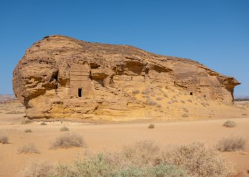 Actual Nabataean rock-cut tombs at Hegra in AlUla, Saudi Arabia, photographed in September 2025