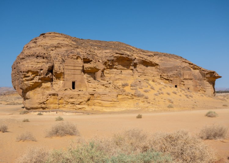 Actual Nabataean rock-cut tombs at Hegra in AlUla, Saudi Arabia, photographed in September 2025