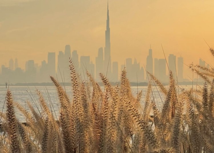 Dubai skyline and Burj Khalifa viewed from Creek Harbour