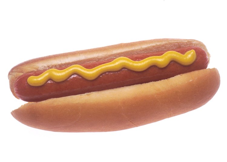Illustrative hot dog with mustard, photographed by Renee Comet for the National Cancer Institute; not a recalled Kayem product