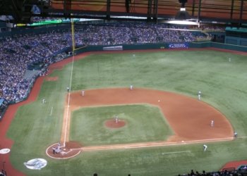 Archival interior view of Tropicana Field during a Tampa Bay Devil Rays baseball game in July 2006