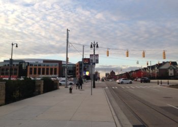 Archival exterior photograph of Little Caesars Arena in Detroit, venue for Celtics versus Pistons