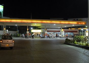 Petrol filling station in Karachi, Pakistan, photographed at night