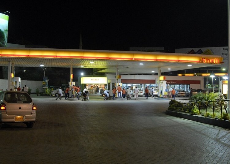 Petrol filling station in Karachi, Pakistan, photographed at night