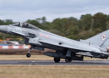 Royal Air Force Eurofighter Typhoon aircraft taking off, archival July 2025 photograph, not October 2026 Saudi mission