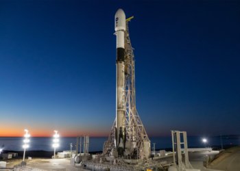 SpaceX Falcon 9 rocket on launchpad at Vandenberg Space Force Base in March 2025