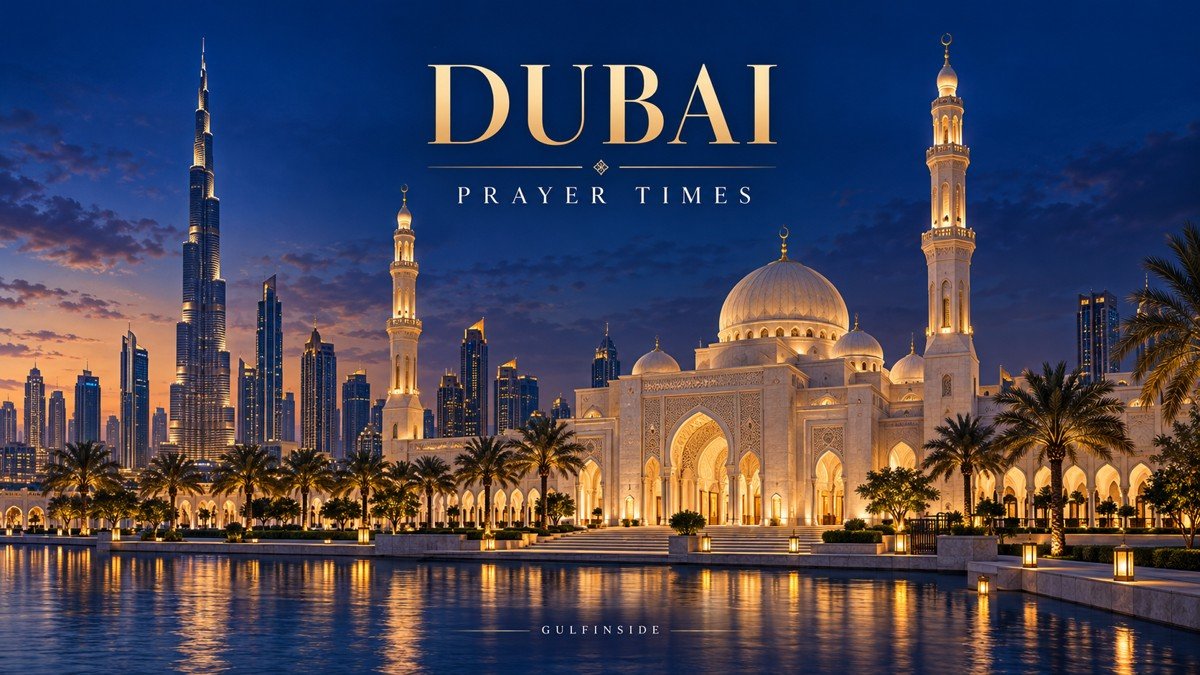 Dubai-themed mosque illustration for prayer-time guidance