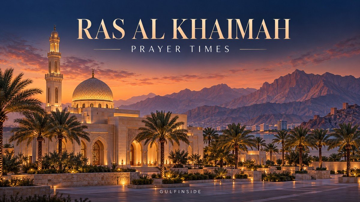 Ras Al Khaimah-themed mosque illustration for prayer-time guidance