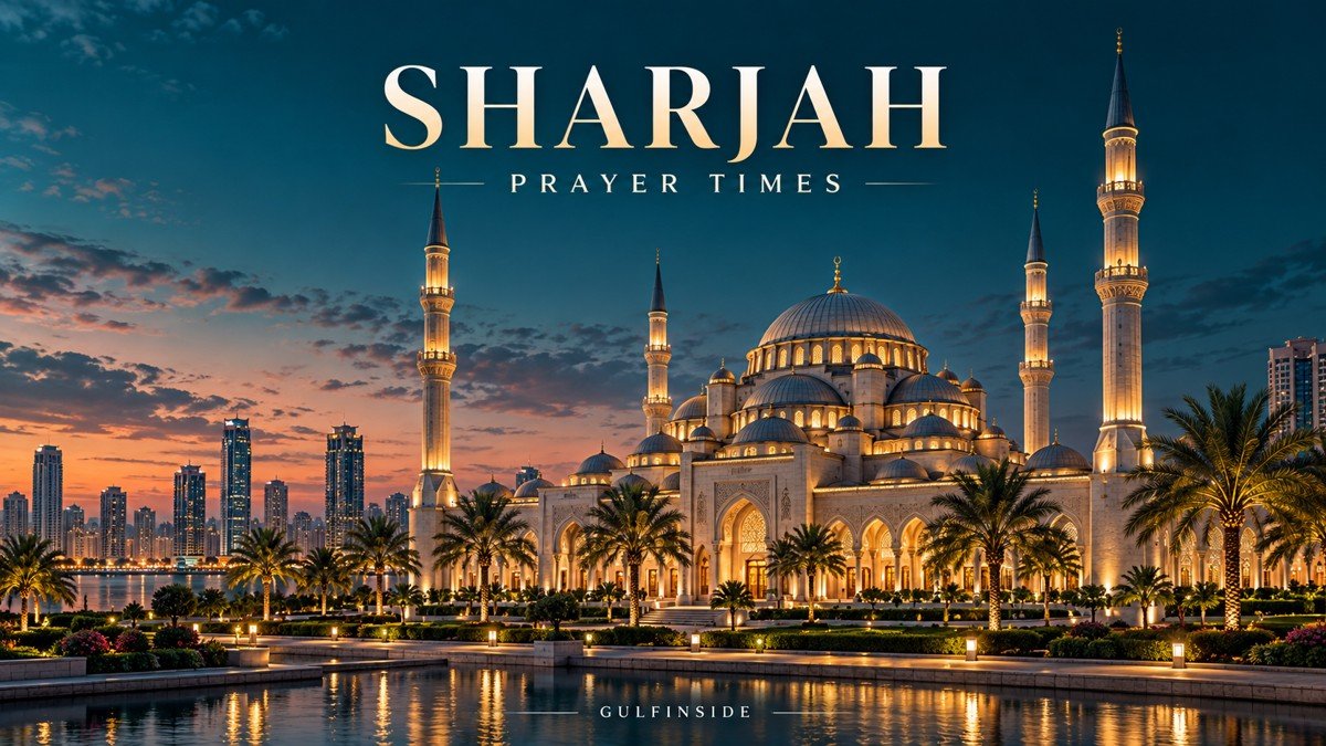 Sharjah-themed mosque illustration for prayer-time guidance