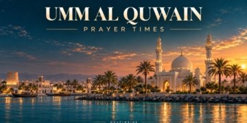 AI-generated umm al quwain themed mosque illustration for GulfInside prayer times