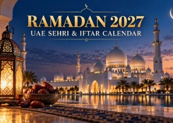 Illustration of a UAE mosque, glowing Ramadan lantern and dates at dusk for Ramadan 2027