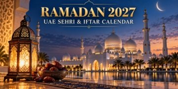 Illustration of a UAE mosque, glowing Ramadan lantern and dates at dusk for Ramadan 2027