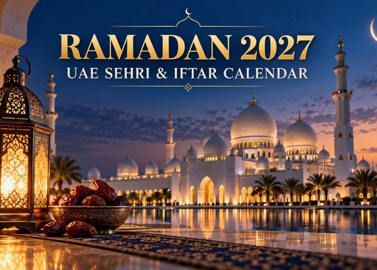 Illustration of a UAE mosque, glowing Ramadan lantern and dates at dusk for Ramadan 2027