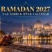 Illustration of a UAE mosque, glowing Ramadan lantern and dates at dusk for Ramadan 2027