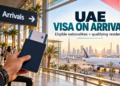 Illustration of a traveller holding a passport at UAE airport arrivals for the visa-on-arrival eligibility guide.