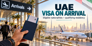 Illustration of a traveller holding a passport at UAE airport arrivals for the visa-on-arrival eligibility guide.