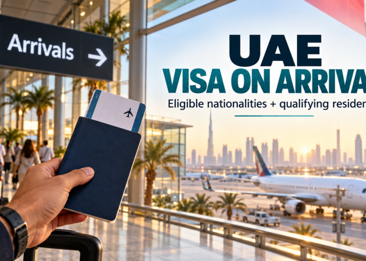 Illustration of a traveller holding a passport at UAE airport arrivals for the visa-on-arrival eligibility guide.