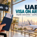 Illustration of a traveller holding a passport at UAE airport arrivals for the visa-on-arrival eligibility guide.