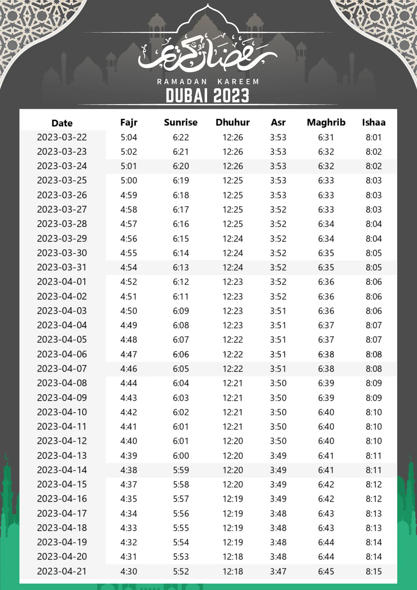 Ramadan 2023 Calendar Dubai